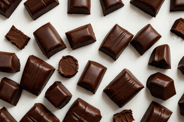 Obraz premium Pile chopped, milled dark chocolate flying isolated on white, top view