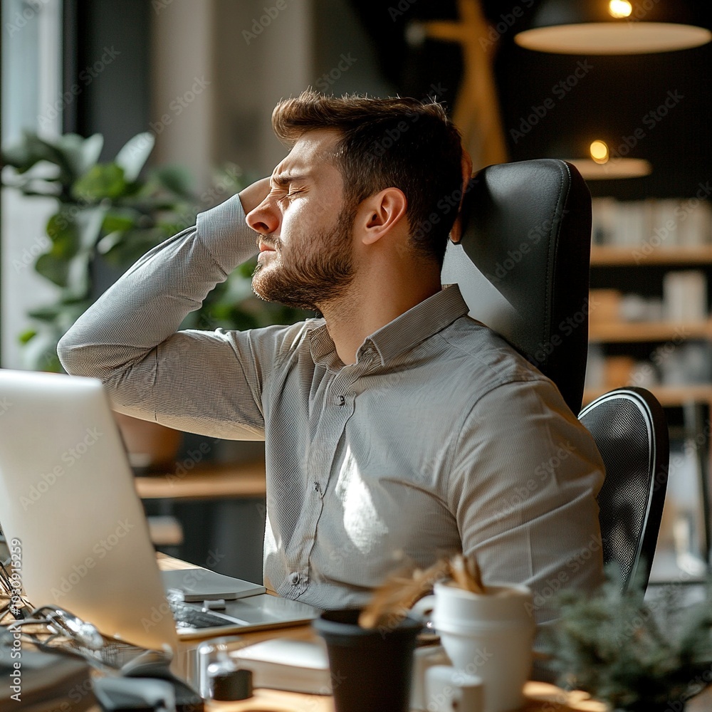 Wall mural man with neck pain from poor posture while working