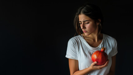 sad young Israeli woman wearing white t-shirt holding pomegranate isolated on dark background October 7th memorial day concept