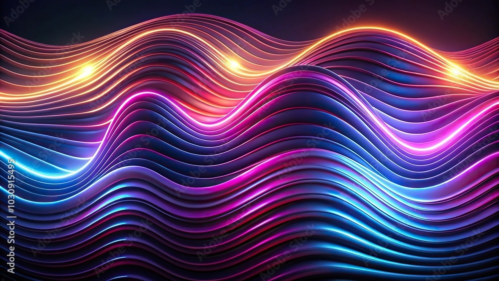 Wall mural fluid pattern with undulating wave and spiral designs, dark strip with shimmering neon highlight ref