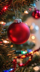 Red glitter Christmas bauble on fir tree, garland lights and colourful bokeh festive New Year background