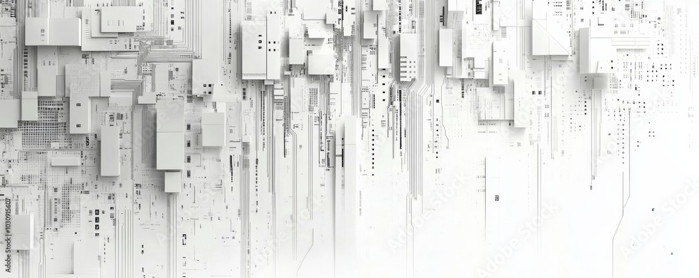 Poster white abstract background showing a futuristic motherboard-like circuit board with complex connectio
