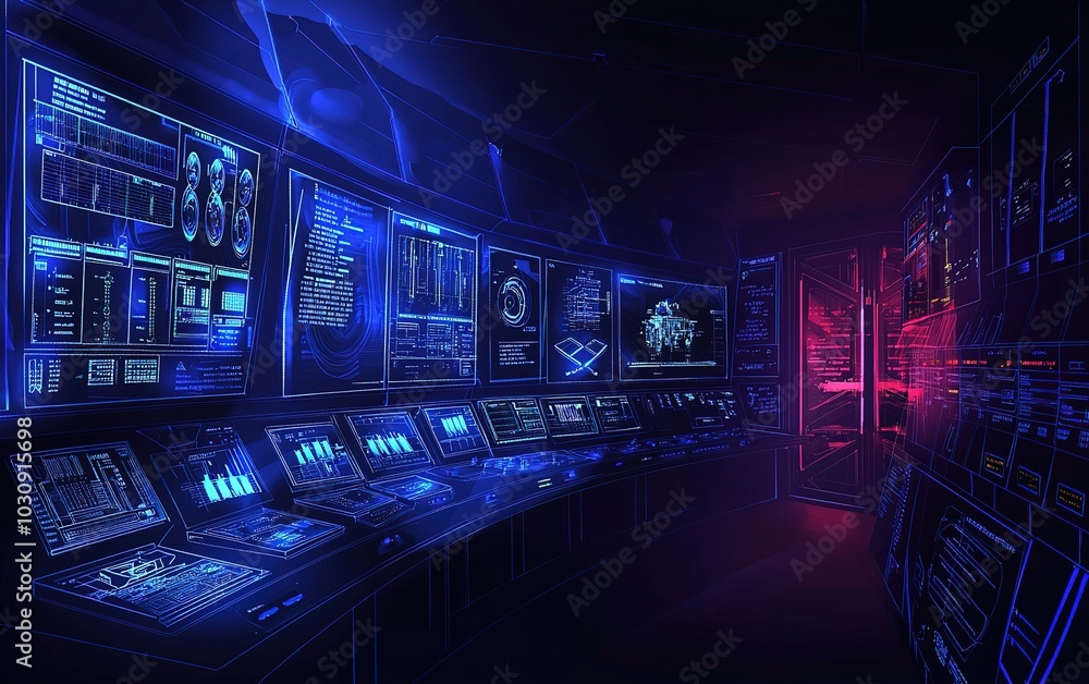 Poster futuristic control room filled with glowing screens displaying data and analytics in a high-tech env
