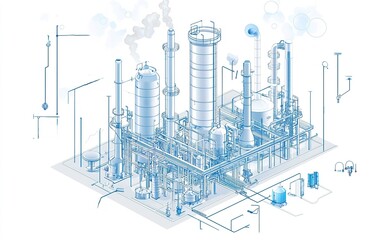 Detailed blueprint of an industrial plant featuring towers, pipes, and equipment in a clean, modern design
