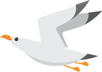 Whimsical cartoon seagull gracefully soars with spread wings. White body. Gray wingtips. And vibrant orange beak and feet