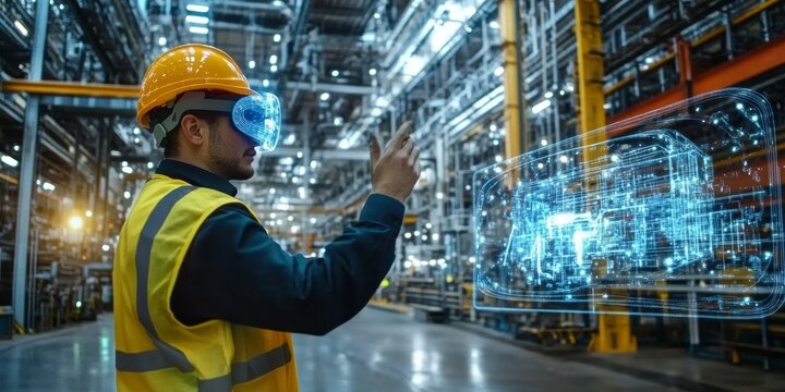 An engineer in hard hat and safety vest uses augmented reality glasses to monitor a hologram of a factory