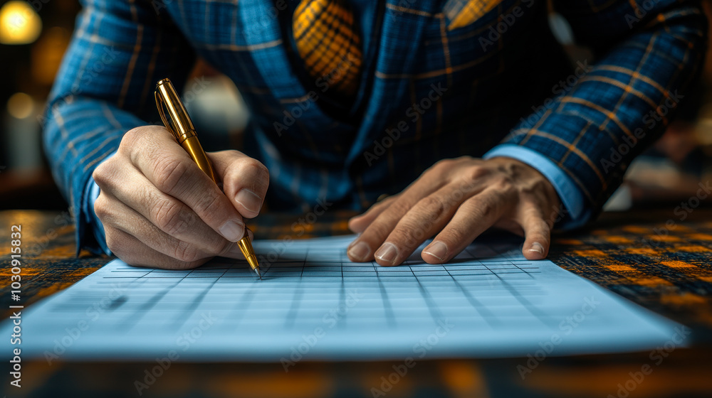 Poster businessman checking project approval on performance checklist with pen in office setting - enhancin