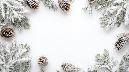 Winter holiday background with snowy pinecones and fir branches