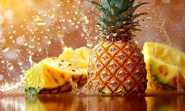 A vibrant pineapple with slices, splashing in water against a colorful blurred background.
