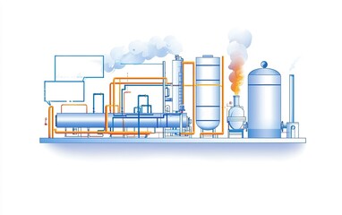 Illustration of industrial machinery with pipes, tanks, and steam releasing in a factory setting