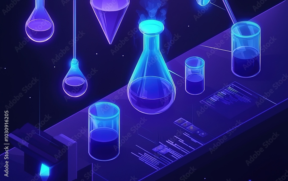 Poster colorful laboratory setup with various glassware containing liquids illuminated in a creative design