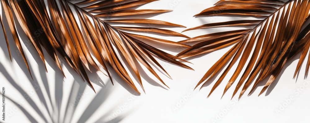 Poster creating a serene tropical scene with dried palm leaves casting shadows on a white background, this 