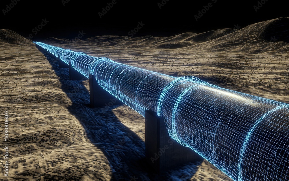 Poster advanced digital rendering of a futuristic pipeline traversing a rugged landscape under a starry sky