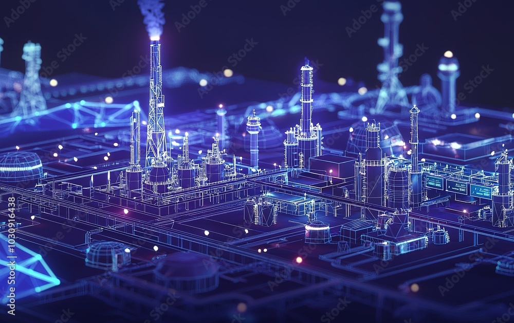 Poster digital rendering of a futuristic industrial complex with glowing pipelines and structures during ni