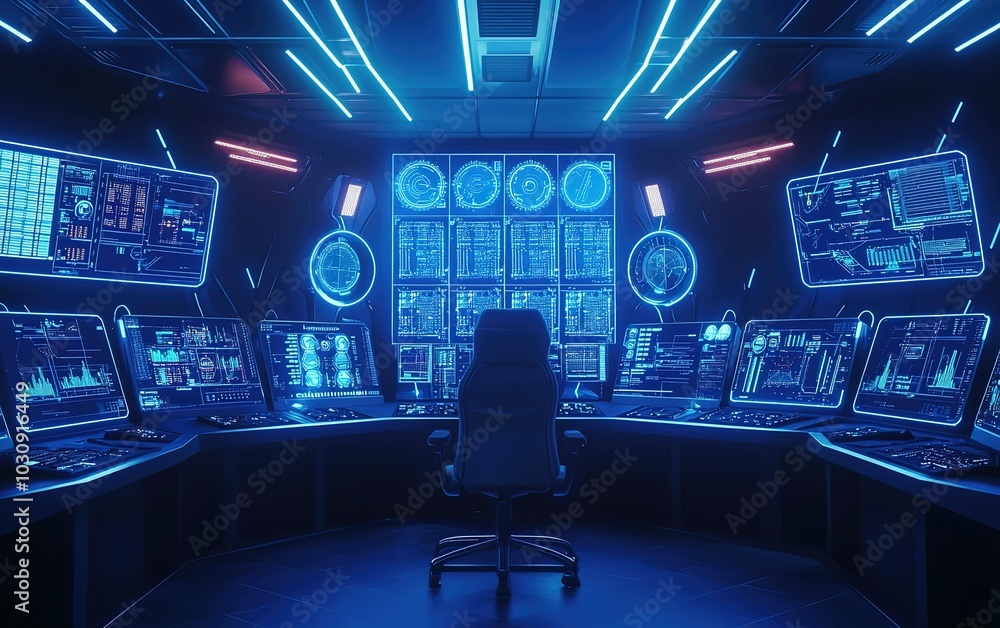 Poster high-tech command center filled with glowing screens and data displays in a futuristic setting