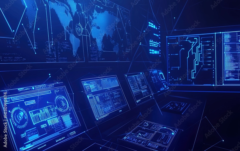 Poster futuristic control room featuring multiple screens displaying global data analysis and graphics, sho