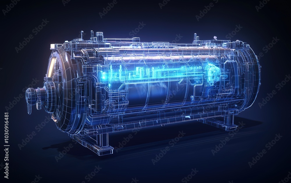 Poster advanced turbine model showcasing intricate design and glowing components against a dark background 