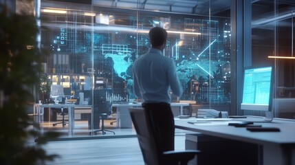 Fototapeta premium dynamic office scene with AI holograms optimizing workflows, wide angle, low-light,