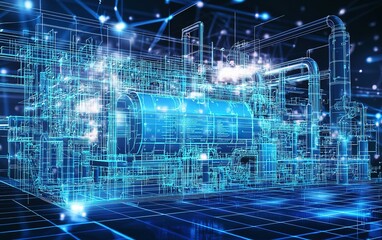 Obraz premium Futuristic industrial facility with blue holographic designs representing advanced technology and automation in a modern manufacturing environment