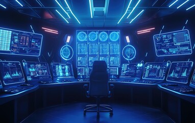 High-tech command center filled with glowing screens and data displays in a futuristic setting