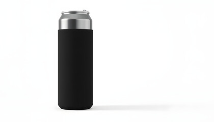 Blank black collapsible beer can koozie mockup isolated, 3d rendering. Empty neoprene cooler holder mock up for tin beverage. Plain drinkware hugger design template. Clear fizzy pop soda sleeve isol