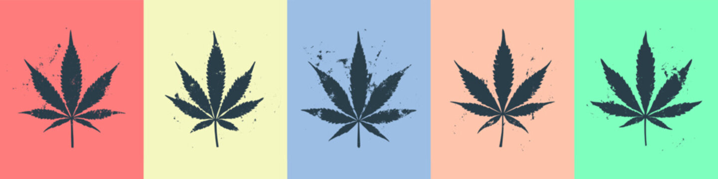 Grungy Marijuana Leaf Psychedelic Posters Vector Set Colorful Abstract Background. Grunge Style Cannabis Silhouette Prints Clipart Collection. Sativa and Indica Varieties Stencil Art Illustration