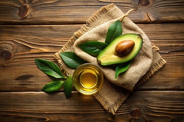 Fresh avocado and olive oil on rustic wooden table from high angle