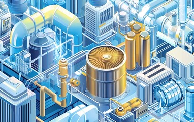 Fototapeta premium Overview of an intricate industrial facility featuring elaborate piping, machinery, and storage tanks bustling with activity