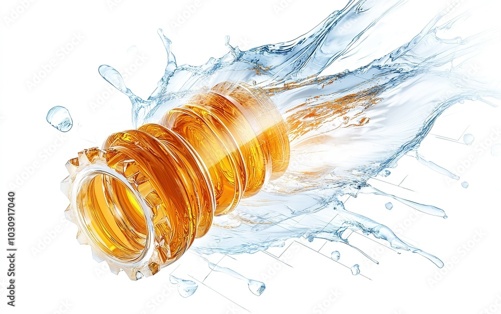 Poster a vibrant orange spiral flows through splashes of clear water in a dynamic and fluid motion, creatin