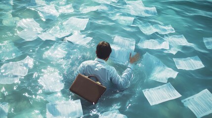 Overworked employee sinking in quicksand of tasks, clinging to a briefcase
