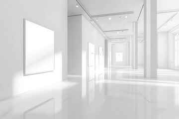 A modern, empty gallery interior with white walls and spotlights on a plain background, concept of an exhibition space. 3D Rendering