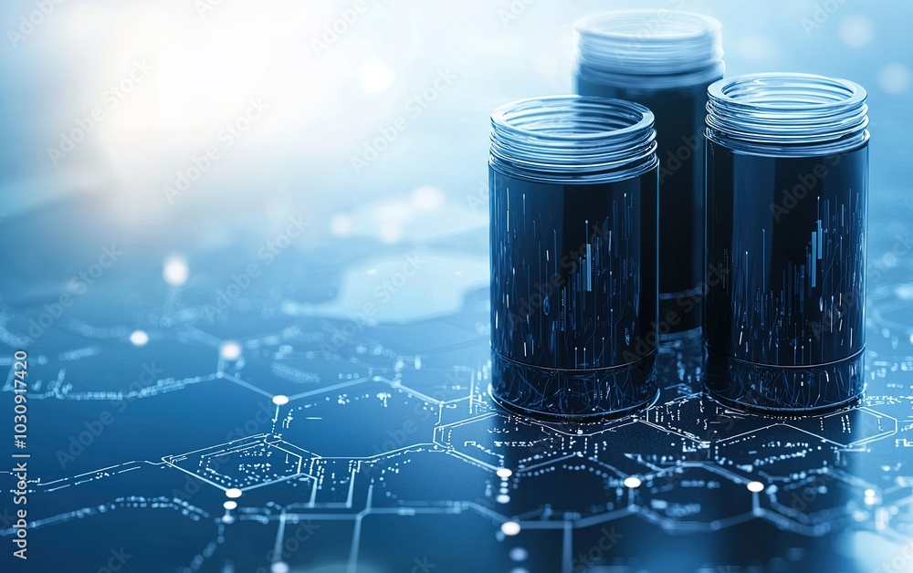 Poster three glass jars filled with dark liquid placed on a digitally rendered background of interconnected