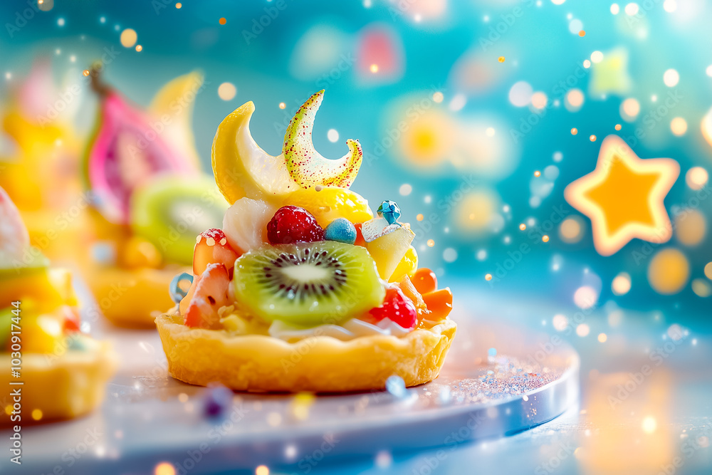 Poster a delightful display of small lemon tarts topped with an array of colorful fruits and decorative ele