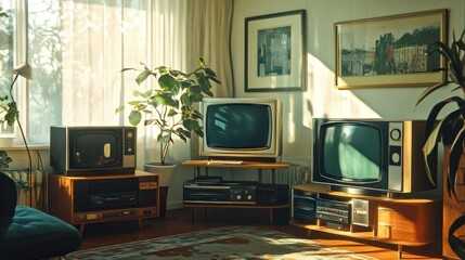 Retro Home Entertainment Nostalgia: A vintage living room scene bathed in natural light, featuring classic televisions and a gaming console, evoking a sense of nostalgia for simpler times.
