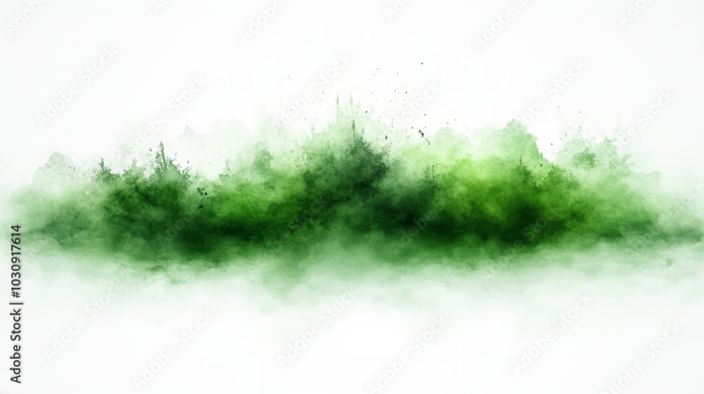 Poster vibrant green powder explodes on white background, creating dynamic abstract cloud. perfect for proj
