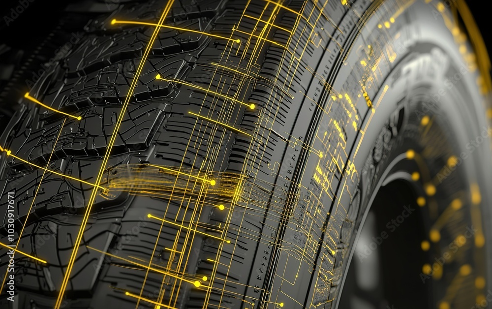 Poster enhanced tire design showcasing intricate patterns and data visualization during development in a mo