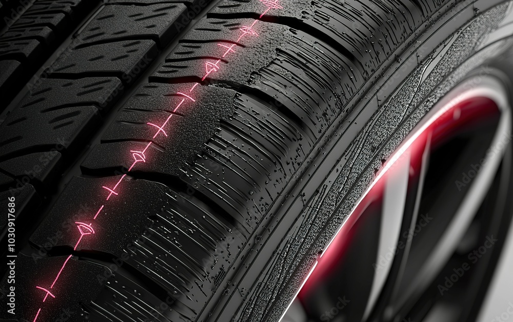 Wall mural close-up view of a high-performance tire showcasing tread patterns and wear indicators at a tire sho