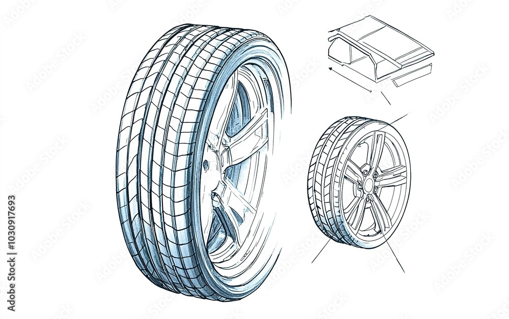 Poster detailed sketch of a racing tire design showcasing tread patterns and side profile view for automoti