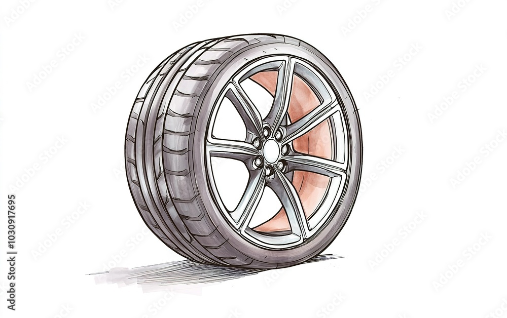 Poster detailed sketch of a high-performance tire showcasing tread pattern and alloy wheel design, emphasiz