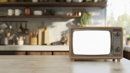 Retro TV with blank screen on table, blurred kitchen background.