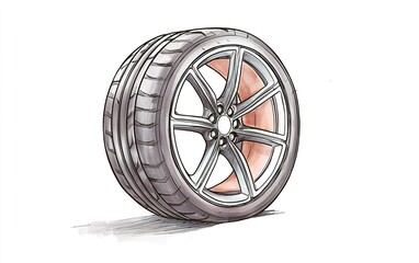 Detailed sketch of a high-performance tire showcasing tread pattern and alloy wheel design, emphasizing its sporty appearance and functionality