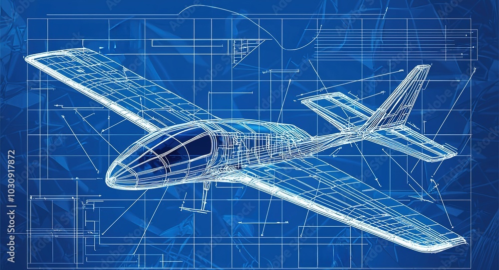 Poster blueprint of an advanced aircraft design displayed on a blue background with technical specification