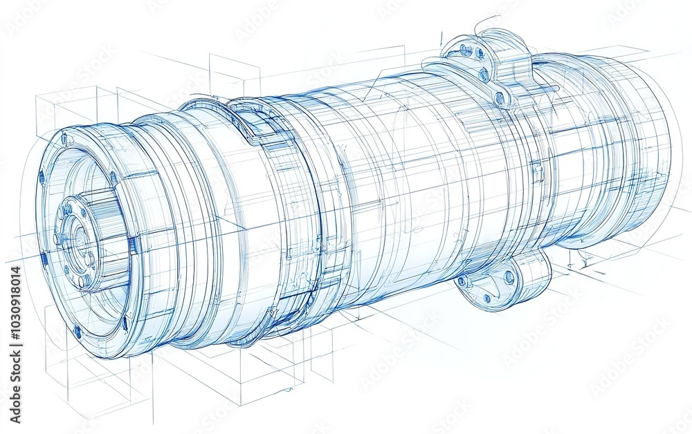 Poster a technical illustration of a cylindrical mechanical component showcasing intricate designs and engi