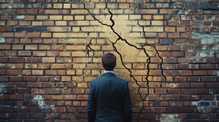 Cracked brick wall in front of worker, symbolizing mental breakdown from burnout