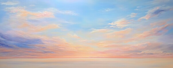 Obraz premium This seascape painting shows a variety of pink and blue colored clouds slowly fading as the sun sets over a tranquil ocean