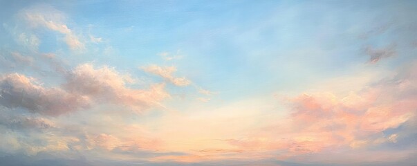 Obraz premium Serene sky painting with soft pink and blue clouds at sunset, enhanced by golden hour light. Perfect for adding a dreamy touch to home decor