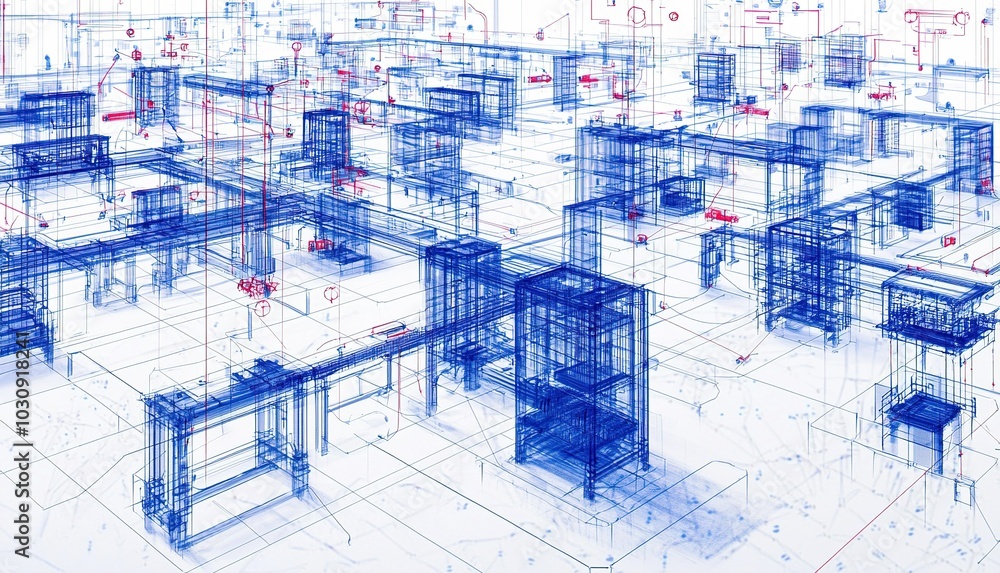 Poster a blue wireframe design representing interconnected digital structures in a complex urban layout dur