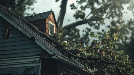 Naklejka premium Storm damage. urgent roof repair needed after tree falls on home, highlighting safety concerns
