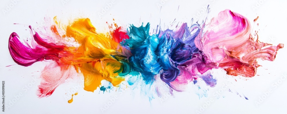 Poster abstract image featuring vibrant strokes of acrylic paint dynamically splashing across a clean white