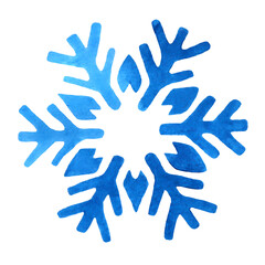 Snowflake drawn in blue watercolor isolated on white background